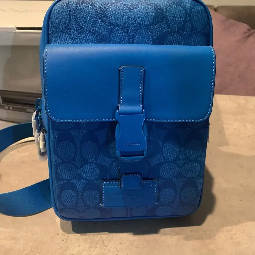 Title: NWT Coach Track Pack Signature Sling Bag Bright Blue C9838